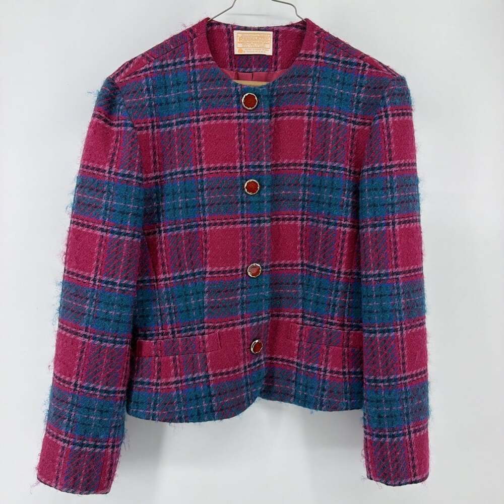 Vintage Pendleton Women’s Virgin Wool Blazer Pink Teal Plaid Tweed Lined Size 6